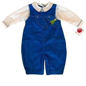 Petit Ami Corduroy Bubble Romper 6M Embroidered Slipper Patches Peter Pan Collar